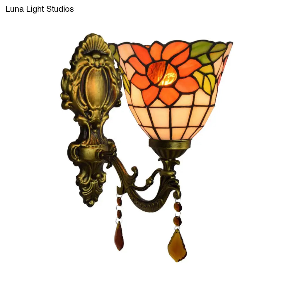 Stained Glass Bowl Wall Sconce With Tiffany Floral Design - Orange