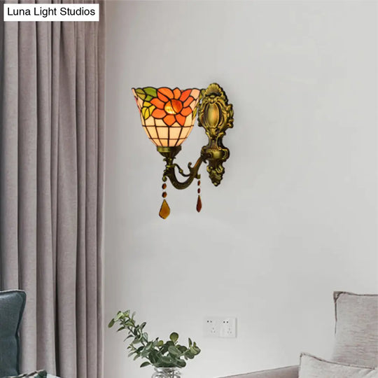 Stained Glass Bowl Wall Sconce With Tiffany Floral Design - Orange