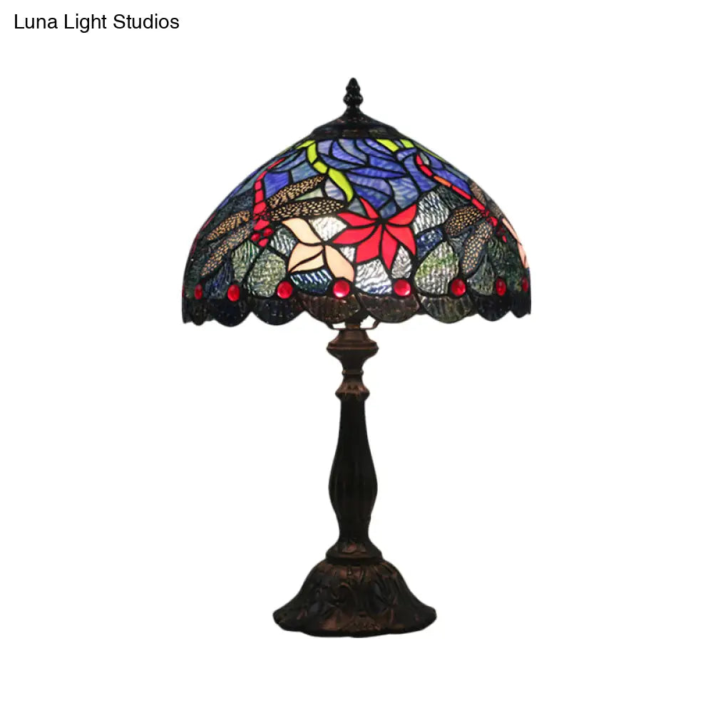 Stained Glass Brass Reading Light Bowl Nightstand Lamp - Mediterranean Flower Pattern