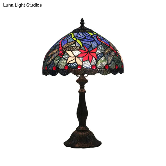 Stained Glass Brass Reading Light Bowl Nightstand Lamp - Mediterranean Flower Pattern