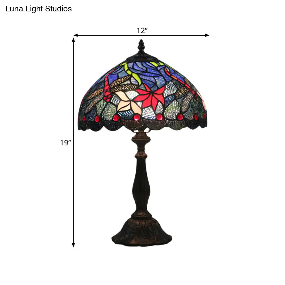 Stained Glass Brass Reading Light Bowl Nightstand Lamp - Mediterranean Flower Pattern