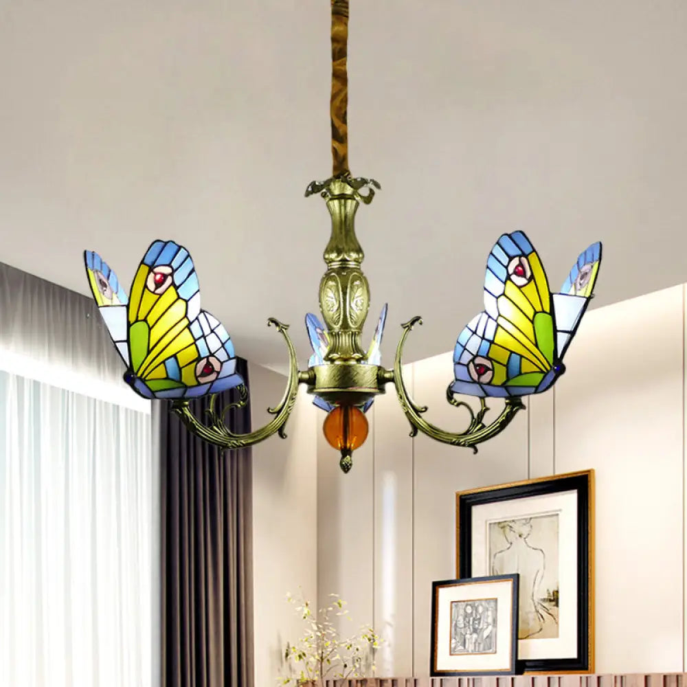 Stained Glass Butterfly Chandelier: Orange Yellow & Green Colors 3/5 Bulbs Perfect For Bedroom 3 /