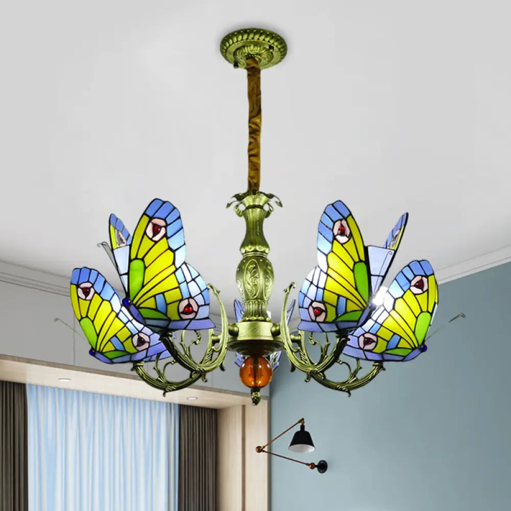 Stained Glass Butterfly Chandelier: Orange Yellow & Green Colors 3/5 Bulbs Perfect For Bedroom 5 /