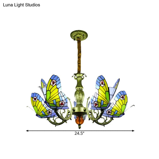 Stained Glass Butterfly Chandelier: Orange Yellow & Green Colors 3/5 Bulbs Perfect For Bedroom
