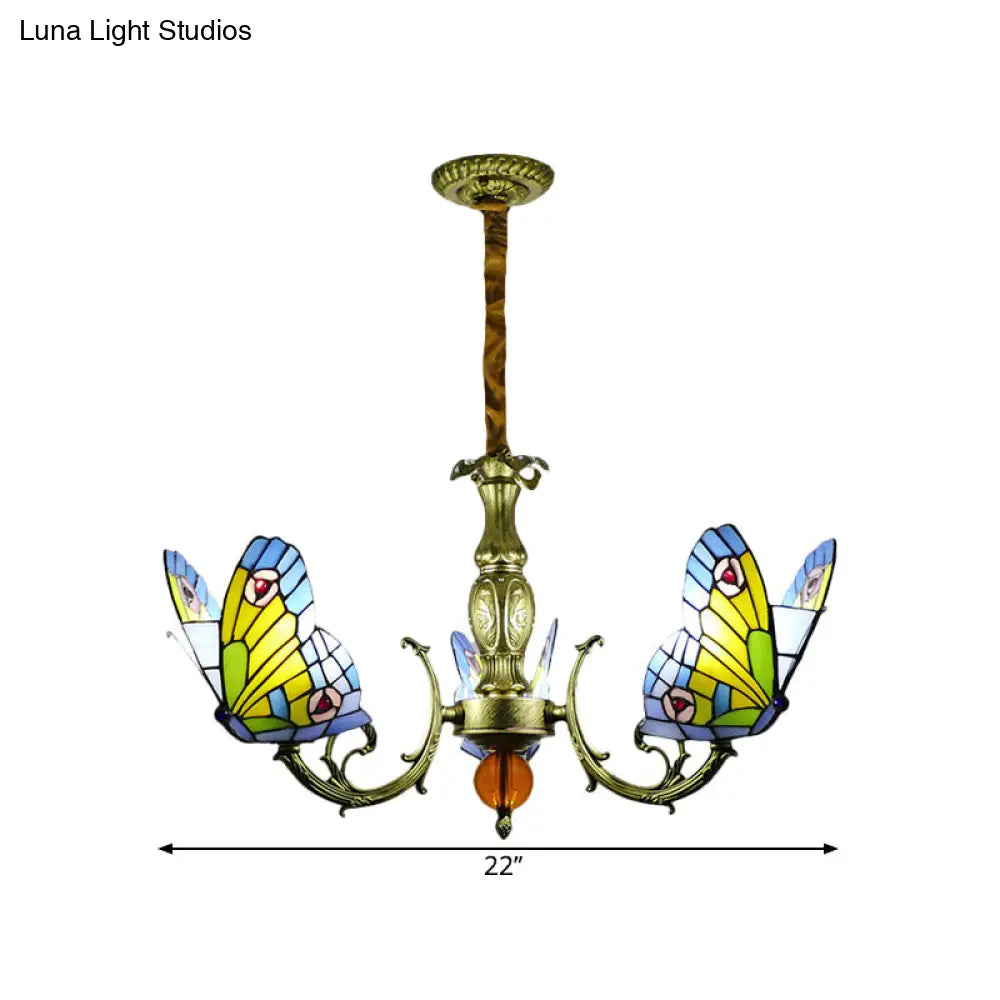 Stained Glass Butterfly Chandelier: Tiffany Style Lamp With Orange/Yellow And Green Suspension