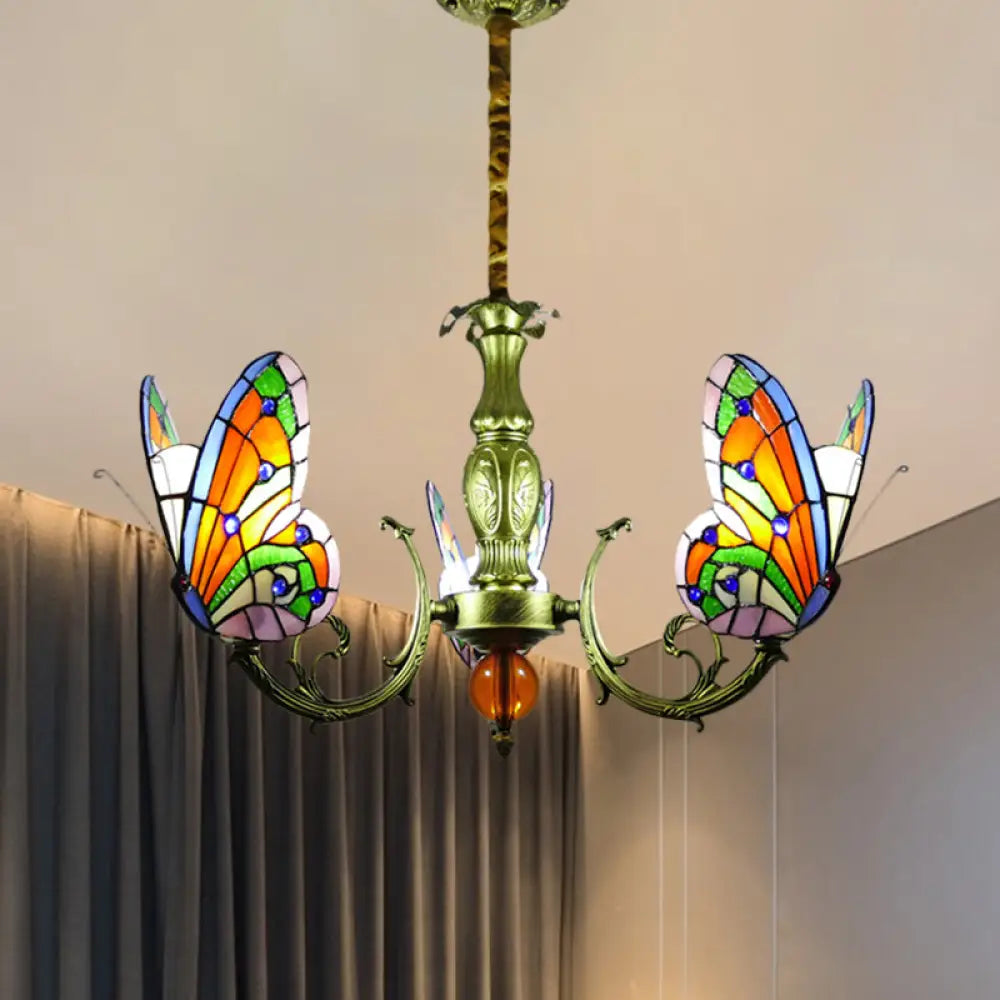 Stained Glass Butterfly Chandelier: Orange Yellow & Green Colors 3/5 Bulbs Perfect For Bedroom 3 /