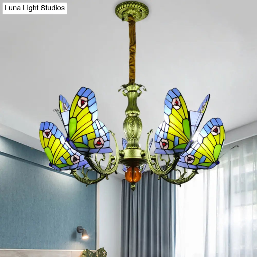 Stained Glass Butterfly Chandelier: Orange Yellow & Green Colors 3/5 Bulbs Perfect For Bedroom