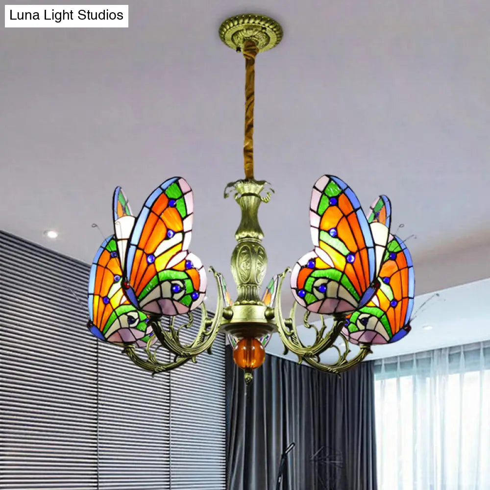 Stained Glass Butterfly Chandelier: Tiffany Style Lamp With Orange/Yellow And Green Suspension