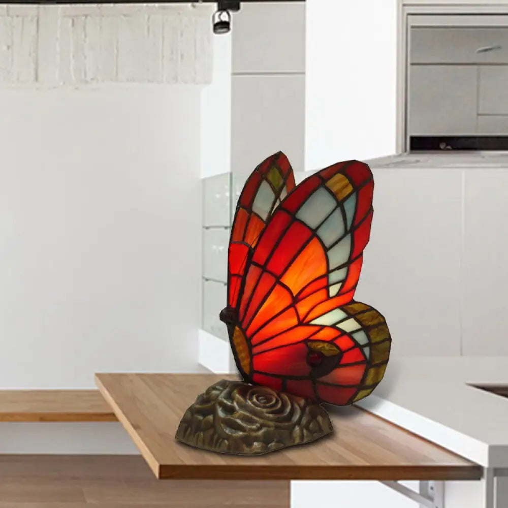 Stained Glass Butterfly Tiffany Table Lamp - Art Deco Yellow/Green/Red/Orange Red Coffee Shop