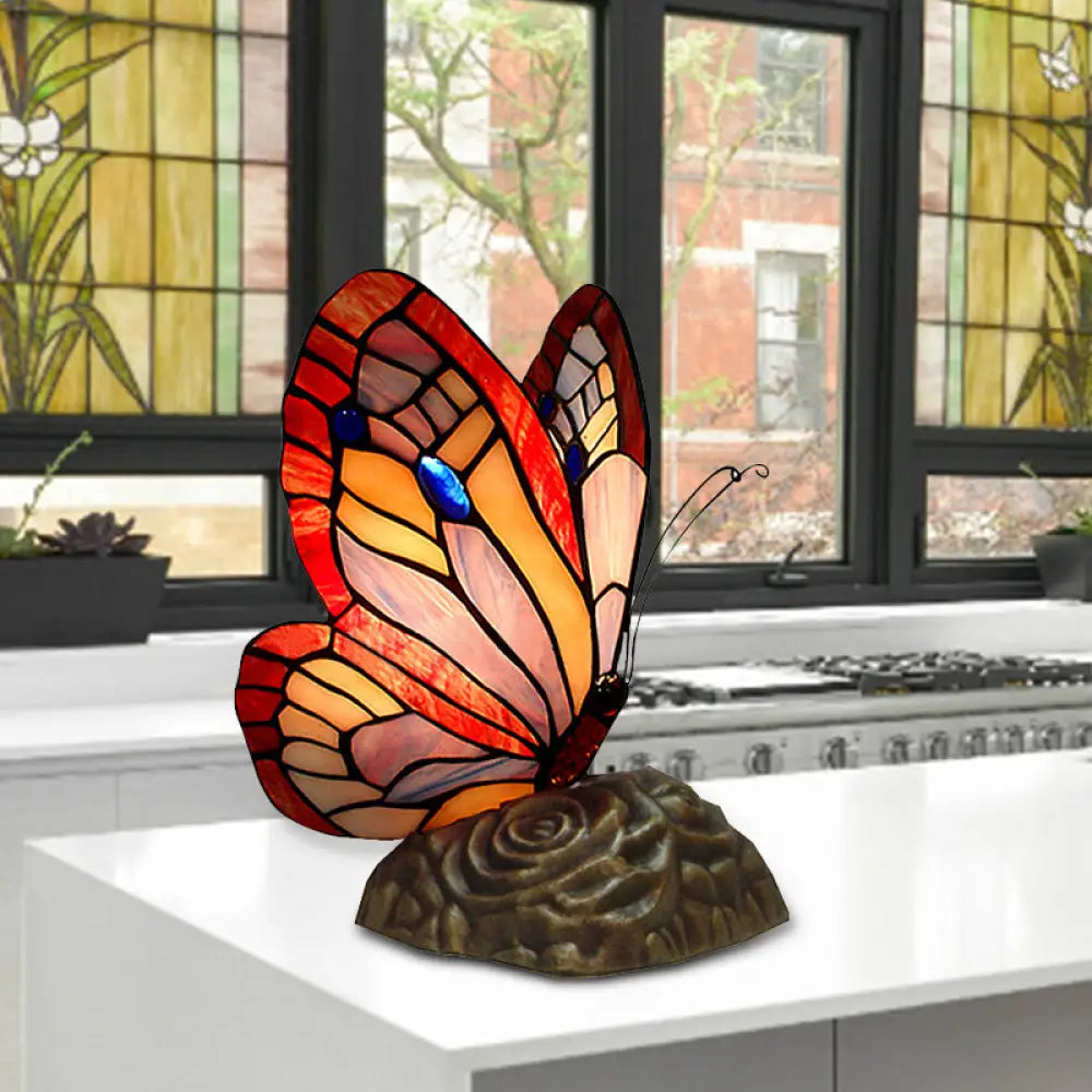 Stained Glass Butterfly Tiffany Table Lamp - Art Deco Yellow/Green/Red/Orange Red Coffee Shop