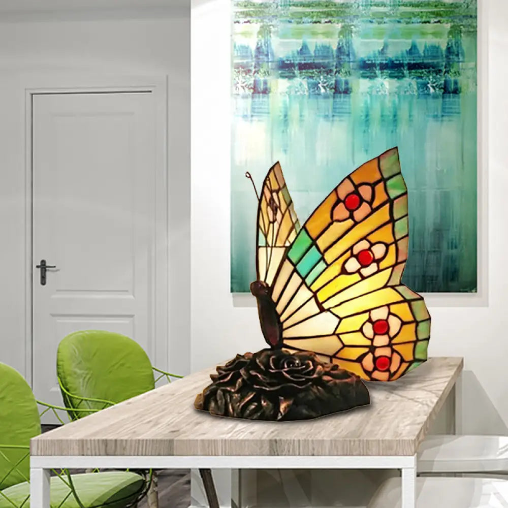 Stained Glass Butterfly Tiffany Table Lamp - Art Deco Yellow/Green/Red/Orange Red Coffee Shop