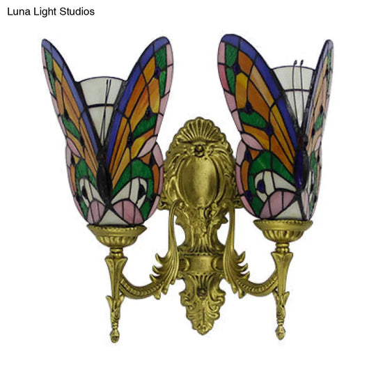 Stained Glass Butterfly Wall Light - Colorful 2-Head Mount For Living Room