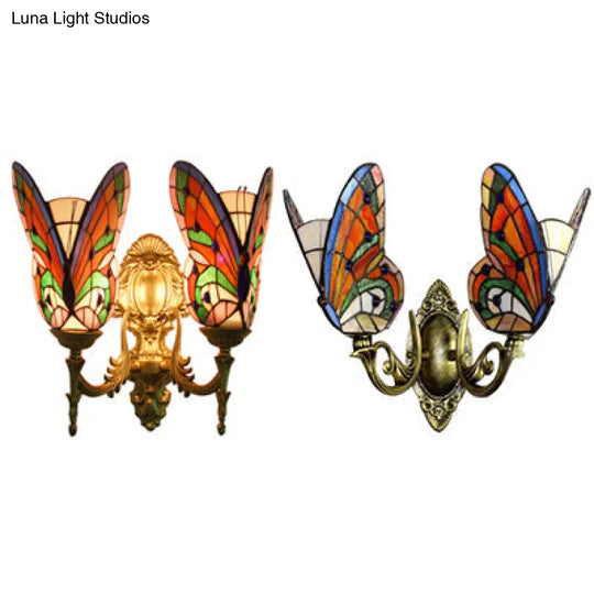 Stained Glass Butterfly Wall Light - Colorful 2-Head Mount For Living Room