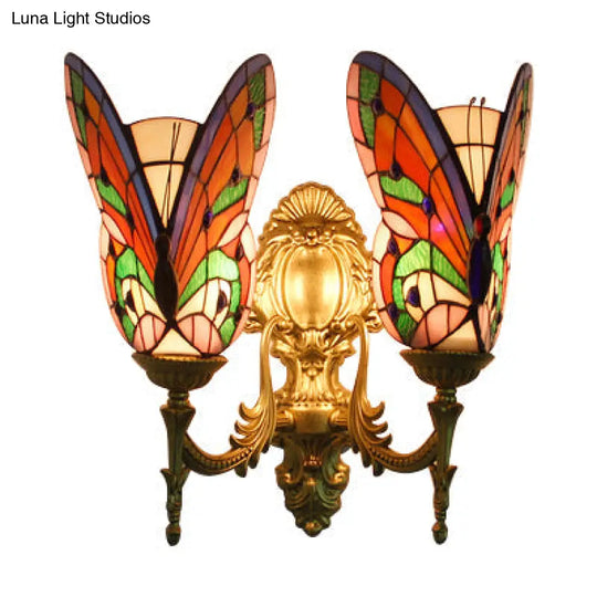 Stained Glass Butterfly Wall Light - Colorful 2-Head Mount For Living Room