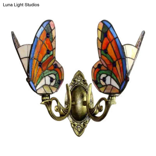 Stained Glass Butterfly Wall Light - Colorful 2-Head Mount For Living Room