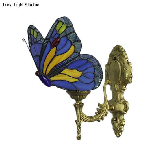 Stained Glass Butterfly Wall Light Fixture With Brass Finish - Lodge Style 1-Bulb Lighting