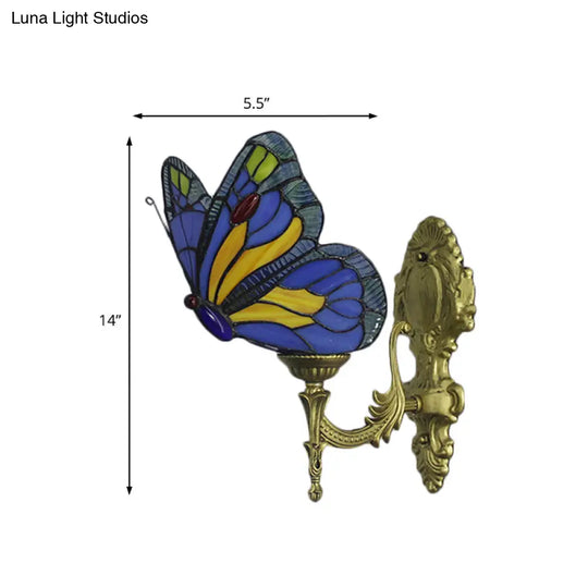 Stained Glass Butterfly Wall Light Fixture With Brass Finish - Lodge Style 1-Bulb Lighting