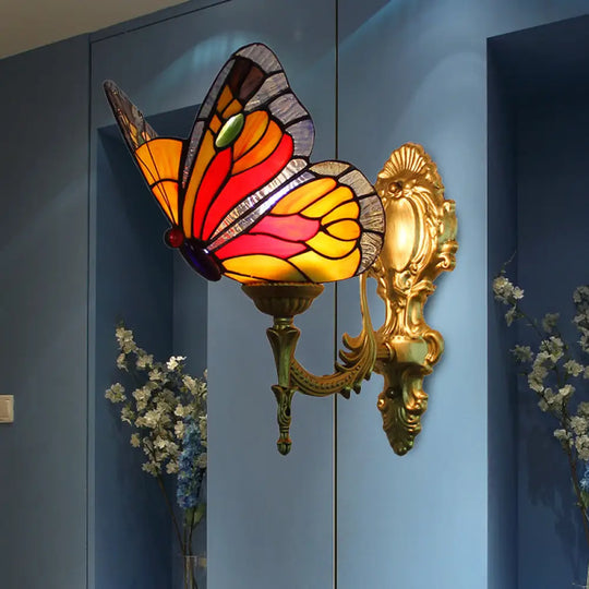 Stained Glass Butterfly Wall Light Fixture With Brass Finish - Lodge Style 1-Bulb Lighting