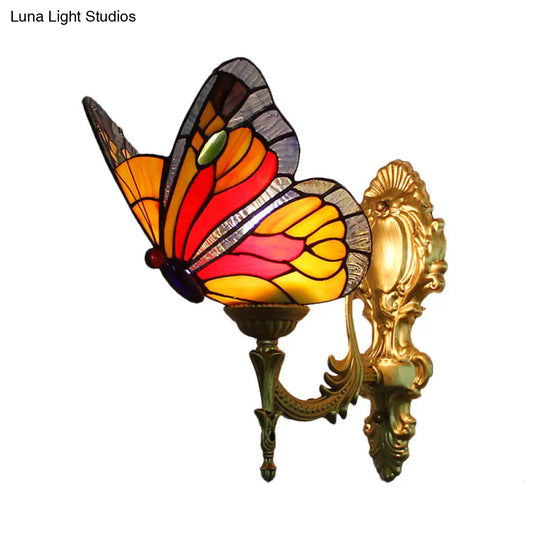 Stained Glass Butterfly Wall Light Fixture With Brass Finish - Lodge Style 1-Bulb Lighting