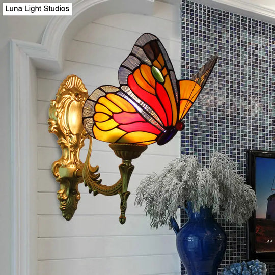 Stained Glass Butterfly Wall Light Fixture With Brass Finish - Lodge Style 1-Bulb Lighting