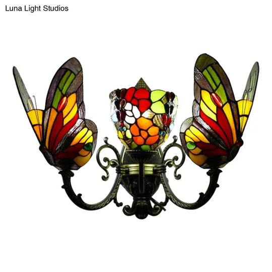 Stained Glass Butterfly Wall Sconce With 3 Heads For Living Room Lighting