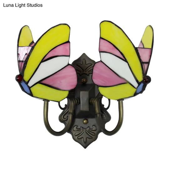 Stained Glass Butterfly Wall Sconce With Dual Lights For Living Room Décor