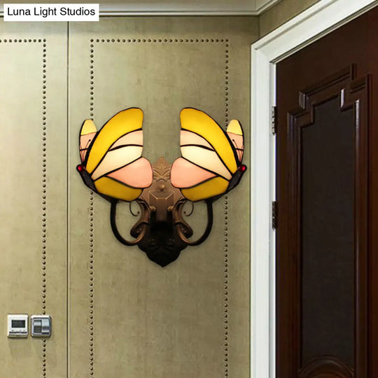 Stained Glass Butterfly Wall Sconce With Dual Lights For Living Room Décor