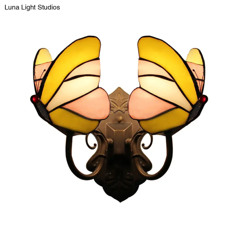 Stained Glass Butterfly Wall Sconce With Dual Lights For Living Room Décor