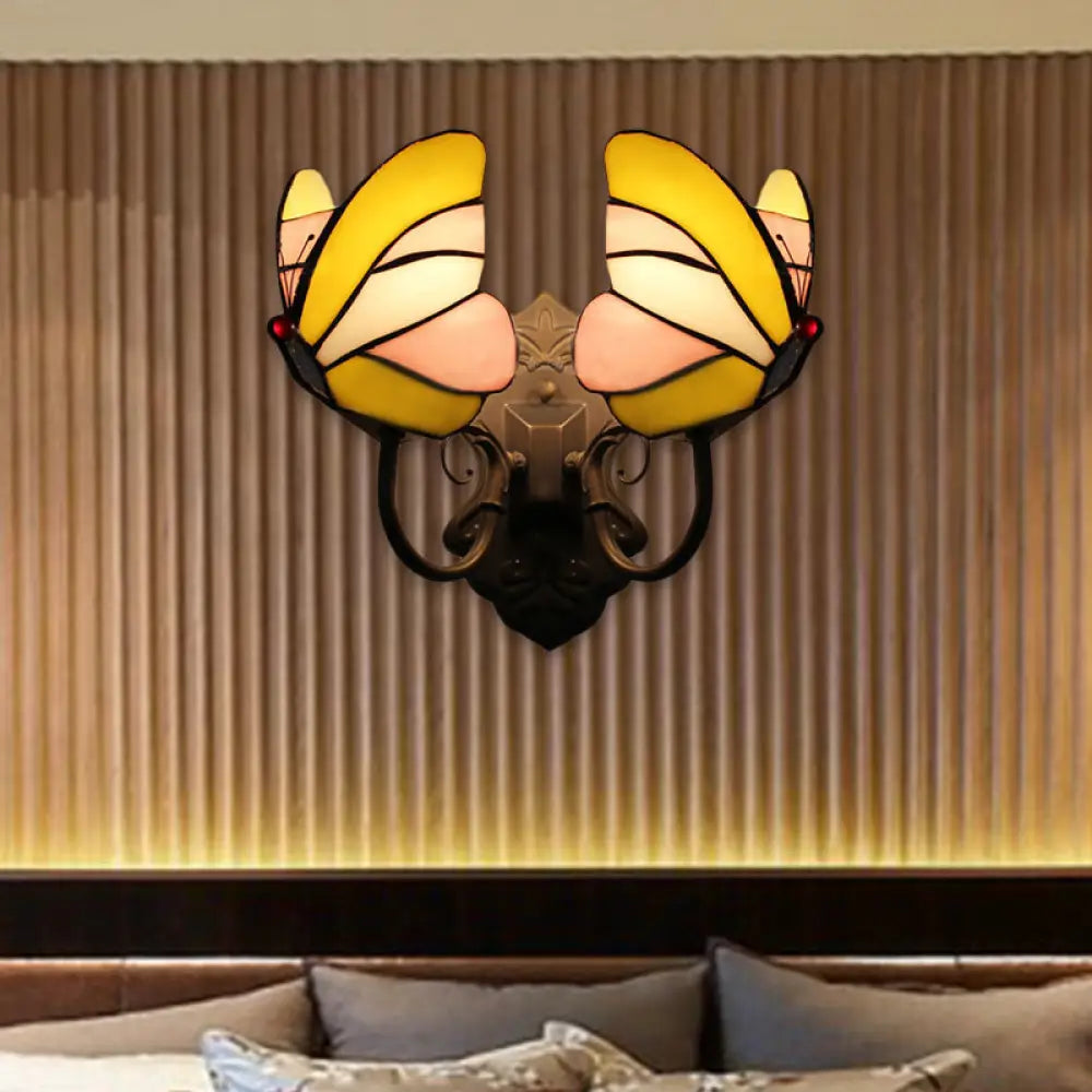 Stained Glass Butterfly Wall Sconce With Dual Lights For Living Room Décor Yellow-Pink