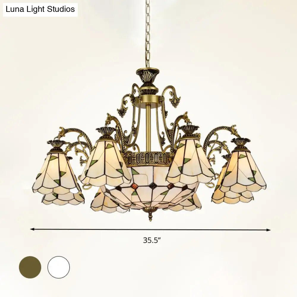 Stained Glass Chandelier Light Fixture - Mediterranean Style With 3/5/11 Lights White/Antique Brass