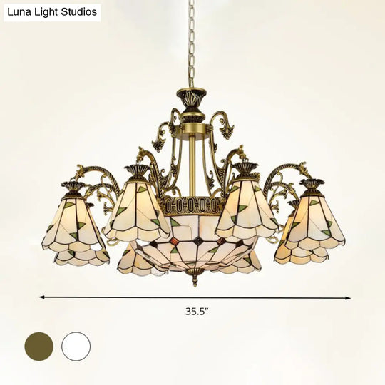 Stained Glass Chandelier Light Fixture - Mediterranean Style With 3/5/11 Lights White/Antique Brass