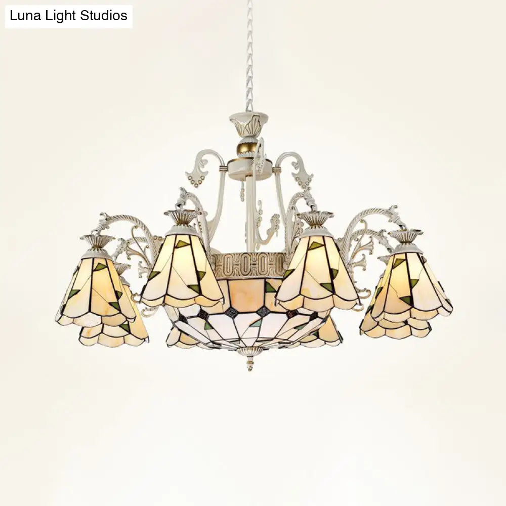 Mediterranean Stained Glass Chandelier Light Fixture - Conical Design 3/5/11 Lights White/Antique