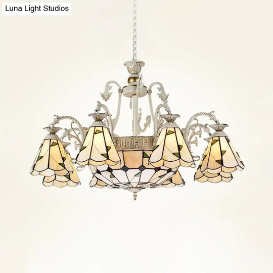 Mediterranean Stained Glass Chandelier Light Fixture - Conical Design 3/5/11 Lights White/Antique