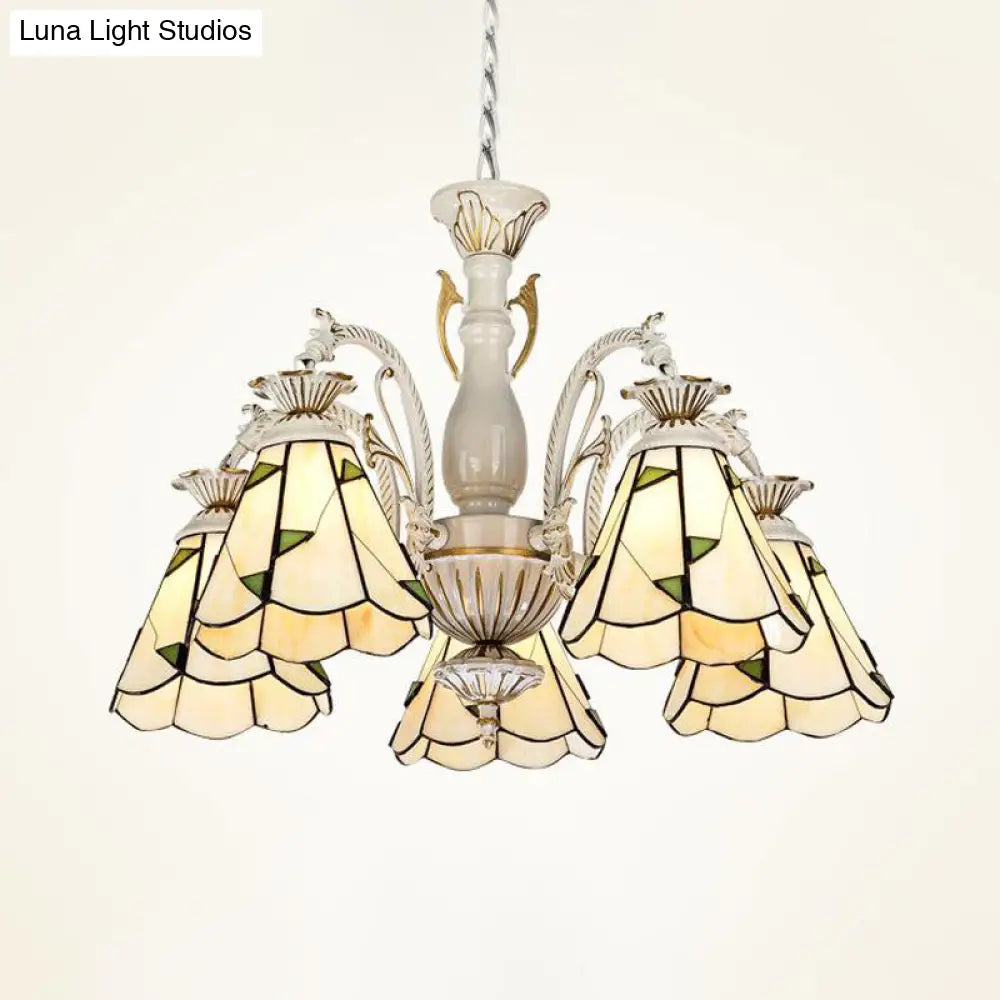 Mediterranean Stained Glass Chandelier Light Fixture - Conical Design 3/5/11 Lights White/Antique