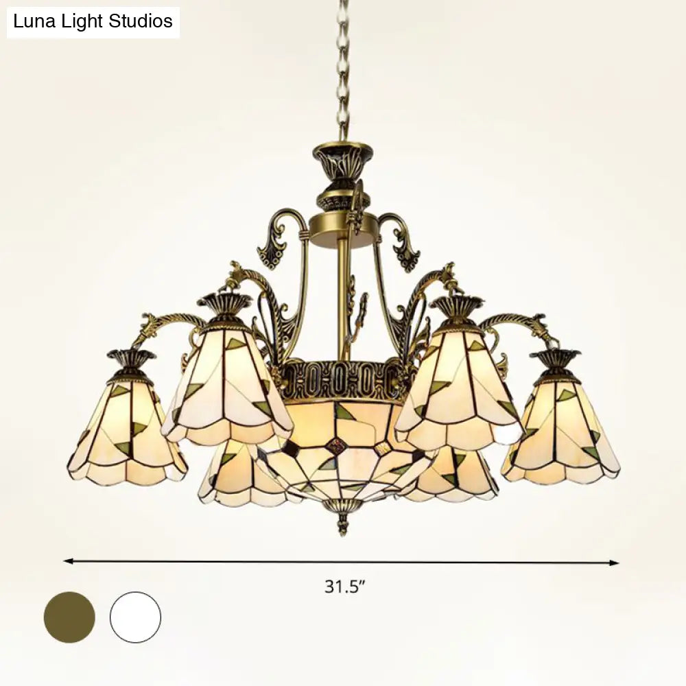 Stained Glass Chandelier Light Fixture - Mediterranean Style With 3/5/11 Lights White/Antique Brass