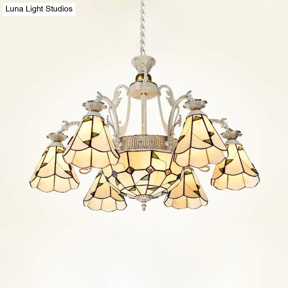 Stained Glass Chandelier Light Fixture - Mediterranean Style With 3/5/11 Lights White/Antique Brass