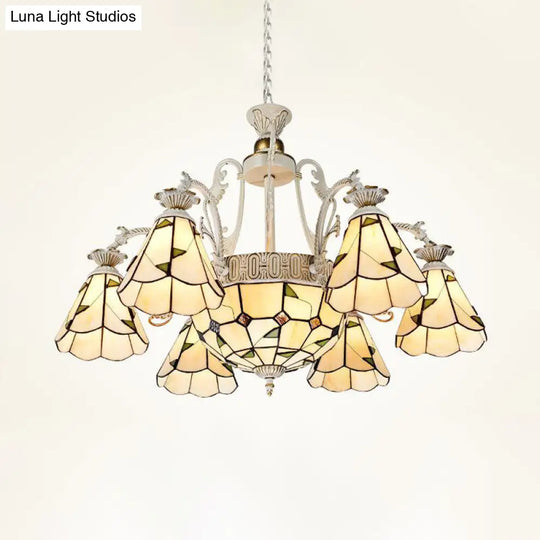 Mediterranean Stained Glass Chandelier Light Fixture - Conical Design 3/5/11 Lights White/Antique