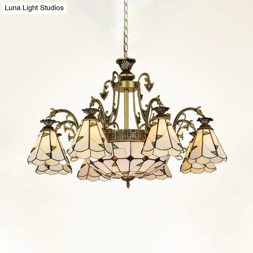 Mediterranean Stained Glass Chandelier Light Fixture - Conical Design 3/5/11 Lights White/Antique