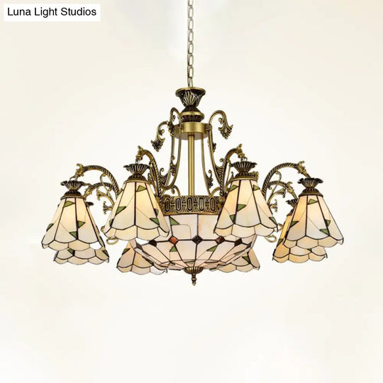 Mediterranean Stained Glass Chandelier Light Fixture - Conical Design 3/5/11 Lights White/Antique