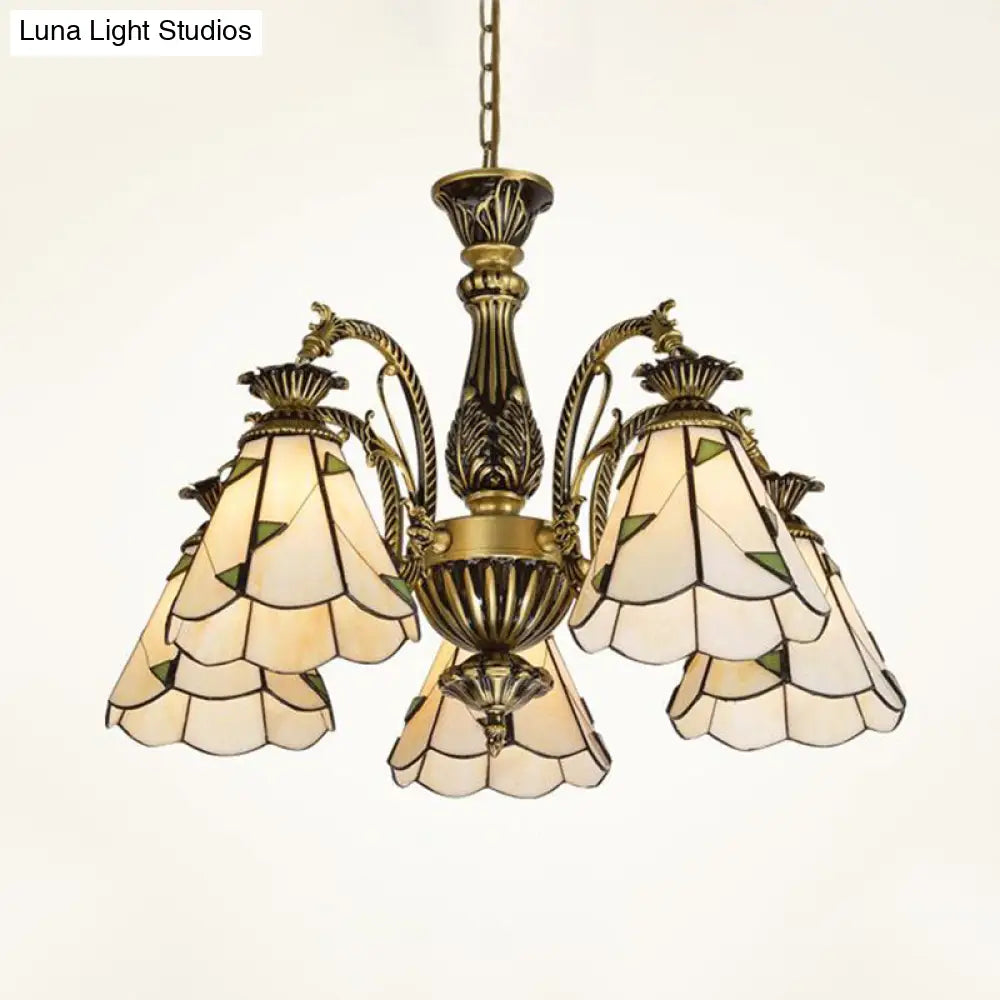 Stained Glass Chandelier Light Fixture - Mediterranean Style With 3/5/11 Lights White/Antique Brass