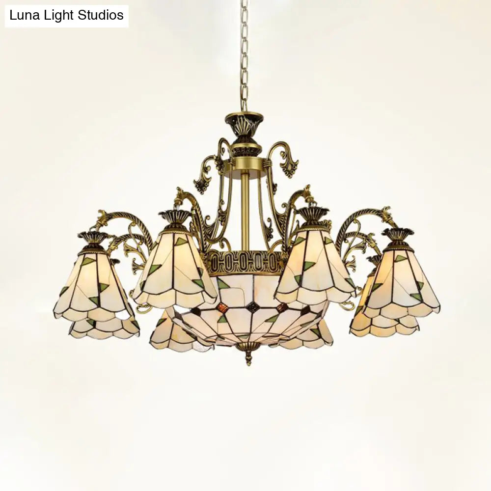 Stained Glass Chandelier Light Fixture - Mediterranean Style With 3/5/11 Lights White/Antique Brass