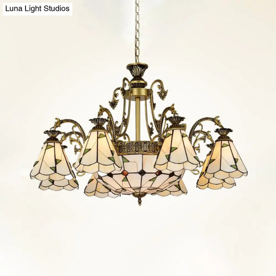 Stained Glass Chandelier Light Fixture - Mediterranean Style With 3/5/11 Lights White/Antique Brass