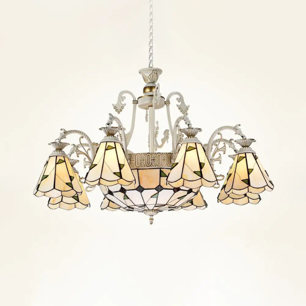 Stained Glass Chandelier Light Fixture - Mediterranean Style With 3/5/11 Lights White/Antique Brass