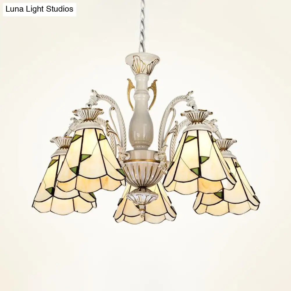 Stained Glass Chandelier Light Fixture - Mediterranean Style With 3/5/11 Lights White/Antique Brass