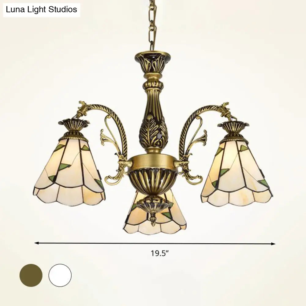 Mediterranean Stained Glass Chandelier Light Fixture - Conical Design 3/5/11 Lights White/Antique