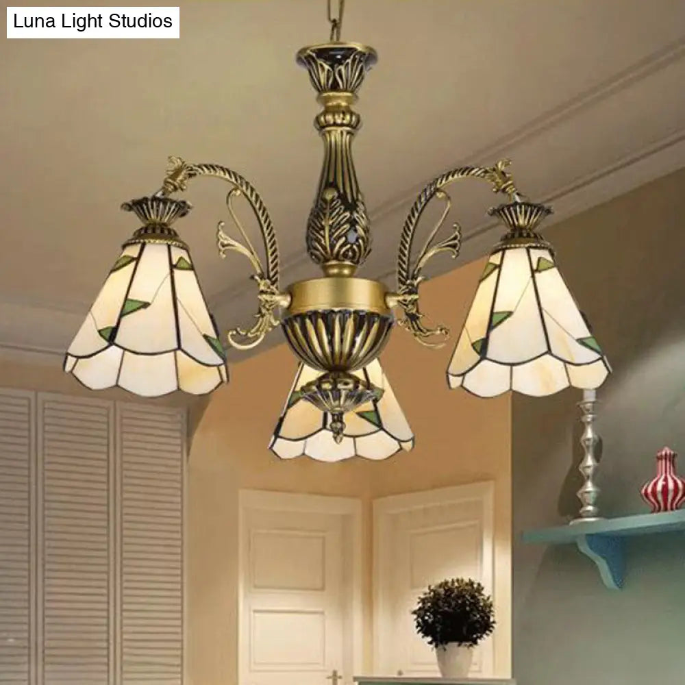 Mediterranean Stained Glass Chandelier Light Fixture - Conical Design 3/5/11 Lights White/Antique