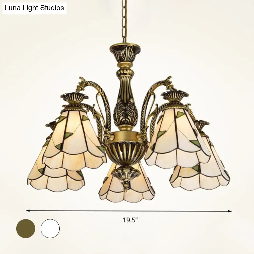 Mediterranean Stained Glass Chandelier Light Fixture - Conical Design 3/5/11 Lights White/Antique