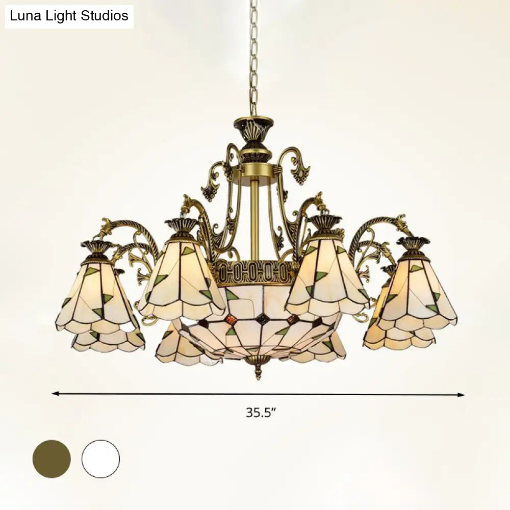 Mediterranean Stained Glass Chandelier Light Fixture - Conical Design 3/5/11 Lights White/Antique