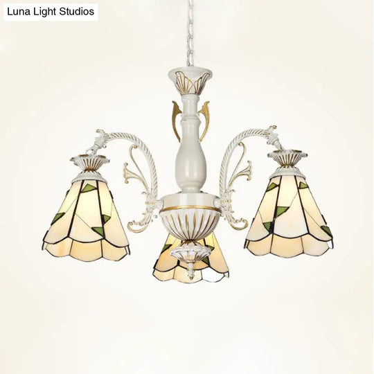 Mediterranean Stained Glass Chandelier Light Fixture - Conical Design 3/5/11 Lights White/Antique