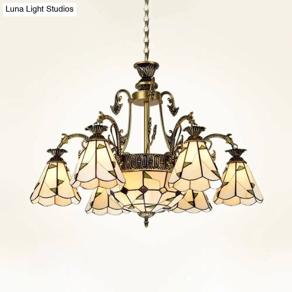 Mediterranean Stained Glass Chandelier Light Fixture - Conical Design 3/5/11 Lights White/Antique